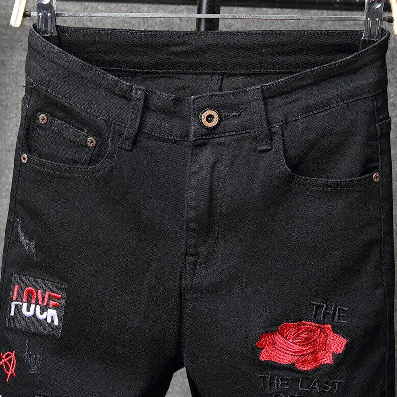 Sokotoo Men's red flower letters embroidery black jeans Fahion badge stretch denim pants