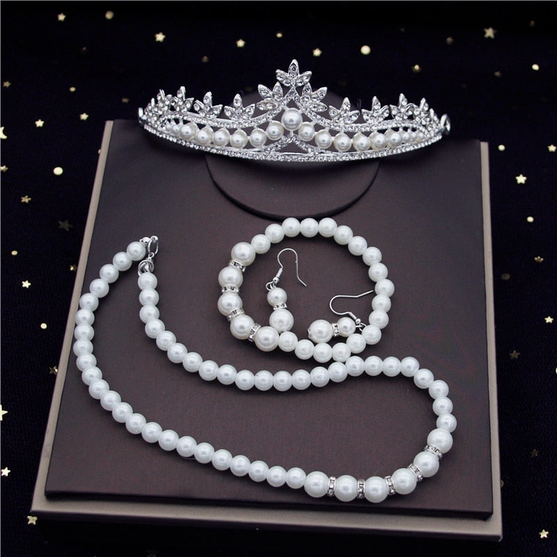 Rhinestone Pearls Bridal Jewelry Sets for Women Fashion Tiaras Bride Necklace Bracelets Earrings Set Wedding Jewelry Sets