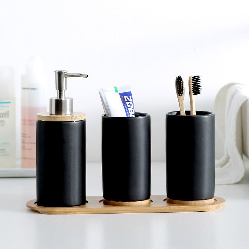 Ceramic Bamboo toothbrush holder cup Bathroom accessories set Tumblers Bathroom Emulsion Container Dishwashing Liquid Container