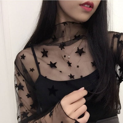 Fashion Black Sexy Women Long Sleeve See Through Mesh Sheer Party Clubwear Night Shirt Tops 2019 shirts t shirt Lace