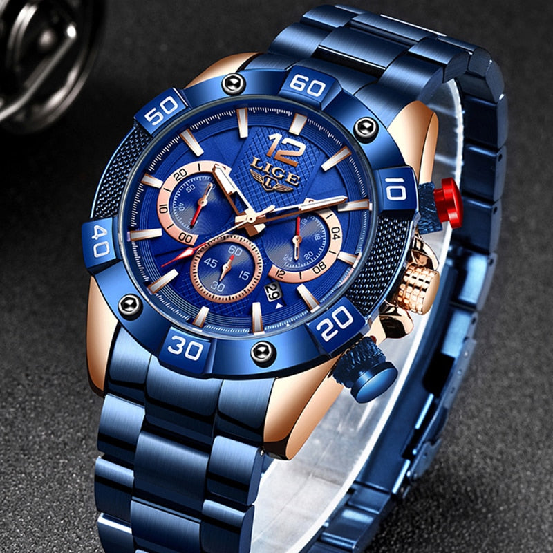 LIGE 2021 New Fashion Blue Mens Watches Top Brand Luxury Clock Sports Chronograph Waterproof Quartz Watch Men Relogio Masculino