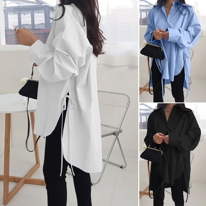 Stylish Solid Shirts Women's Asymmetrical Blouse 2021 ZANZEA Casual Lace Up Blusas Female Button Lapel Shirt Oversized Tunic 5XL