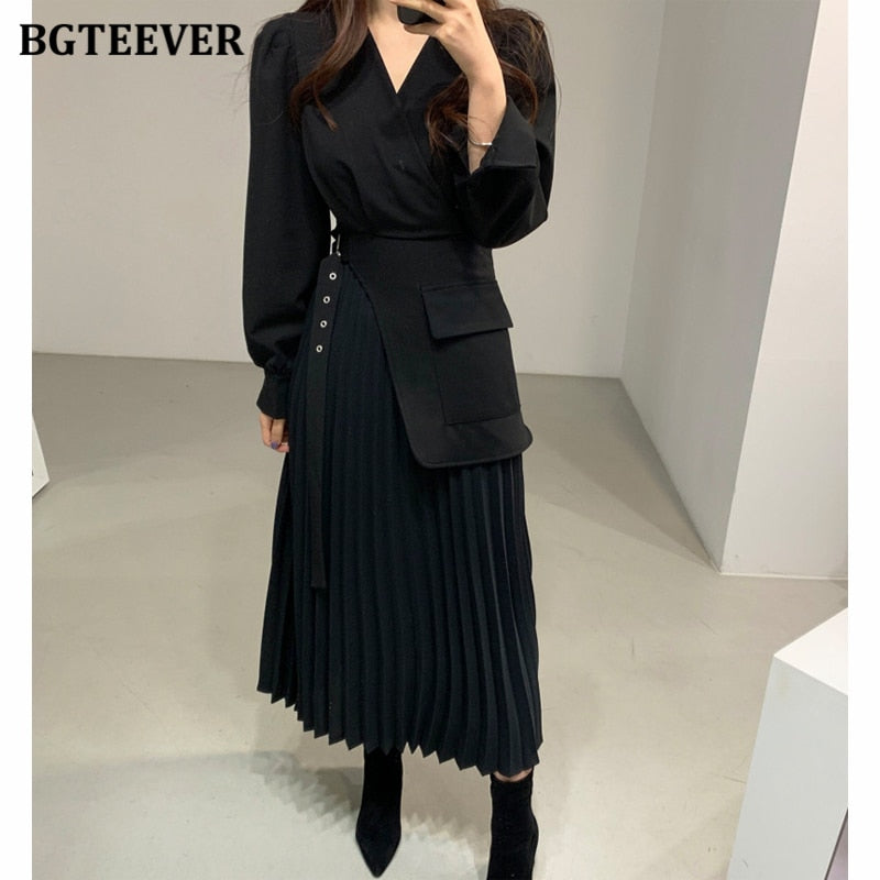 BGTEEVER Casual V-neck Slim Waist Belted Female Dress 2021 Spring Elegant Full Sleeve Women Pleated Vestidos Ladies Midi Dress