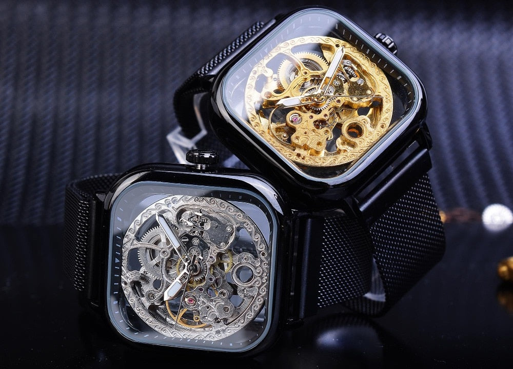 Forsining Golden Men Automatic Watch Square Skeleton Mesh Steel Band Mechanical Business Clock Relogio Masculino Erkek Kol Saati