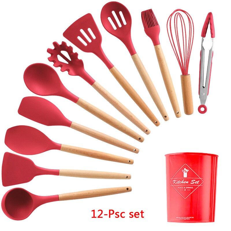 Silicone Cooking Utensils 11/12/13Pcs Kitchen Utensil Set Non-stick Spatula Wooden Handle with Storage Box Kitchen Appliances