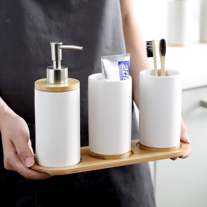 Ceramic Bamboo toothbrush holder cup Bathroom accessories set Tumblers Bathroom Emulsion Container Dishwashing Liquid Container