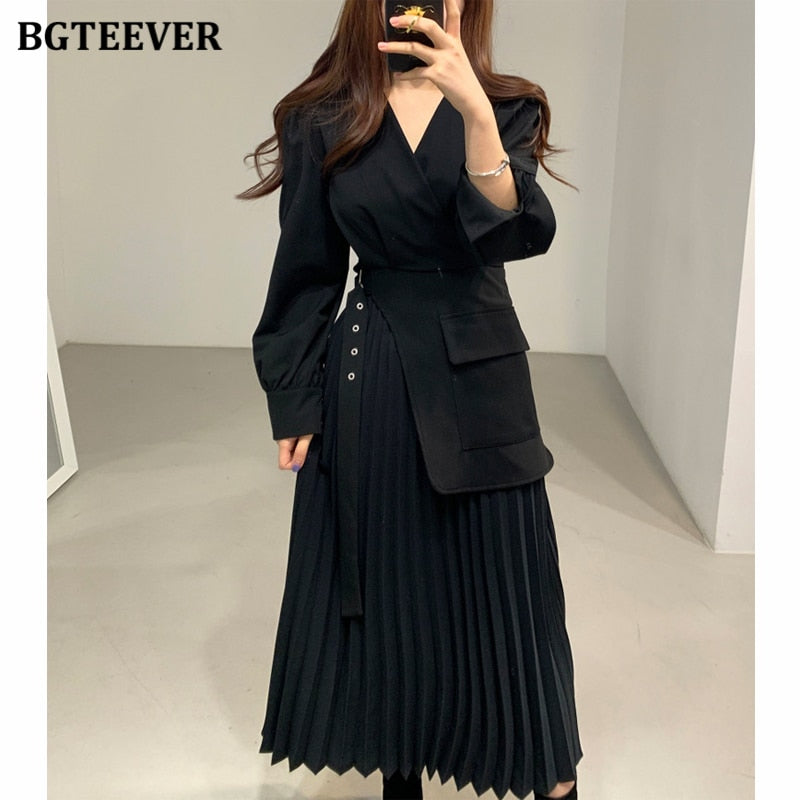 BGTEEVER Casual V-neck Slim Waist Belted Female Dress 2021 Spring Elegant Full Sleeve Women Pleated Vestidos Ladies Midi Dress