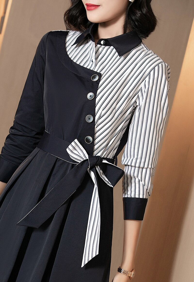 Office ladies OL work striped shirt dress women spring autumn long sleeve button tunic dress female irregular midi dress belt