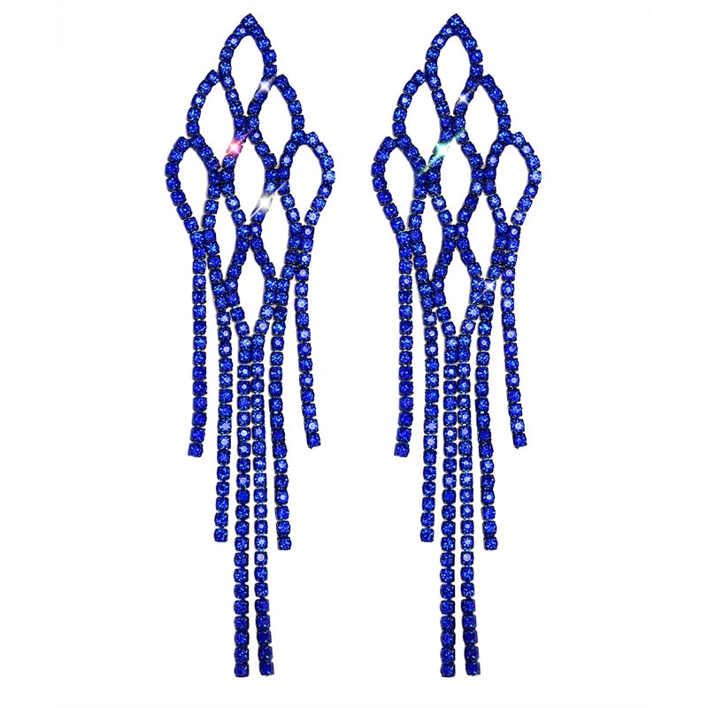 2022 New Trendy Crystal Long Tassel Earrings Blue Rhinestone Waterdrop Dangle Drop Earrings Eardrop For Women Jewelry Gift