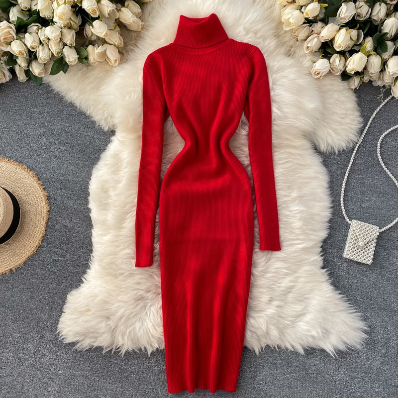 Dresses for Women 2022 Sexy Turtleneck Knitted Bodycon Dress Women Autumn Winter Long Sleeve Sweater Dress