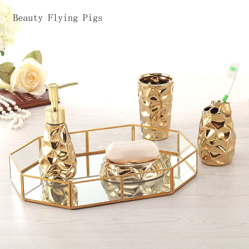 Ceramic bathroom set four-piece Gold tooth brush holder Soap Dispenser soap box bathroom decoration accessories Wedding gifts