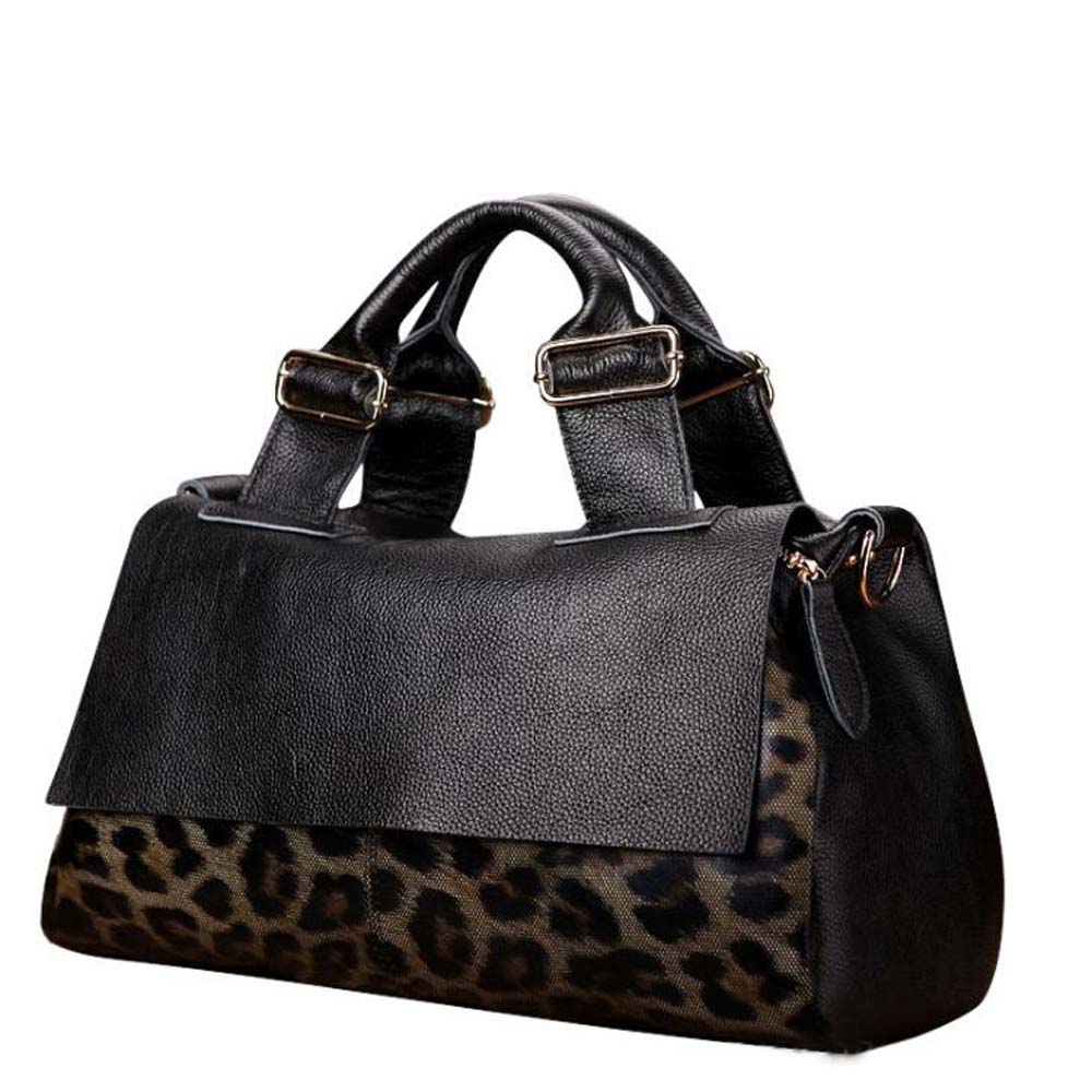 Fashion Genuine Leather Big Tote Handbags Leopard Pattern Soft Cowhide Travel Tote Ladies Long Strap Shoulder Weekend Bags