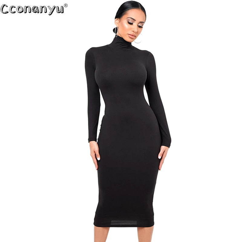 Winter Black Turtleneck Sexy Women Dress Autumn Long Sleeve Skinny Midi Boydcon Casual Blue Plush Knee-Length Party Club