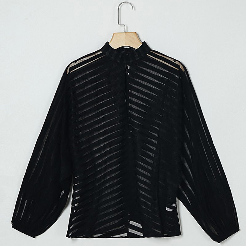 Sexy Black Women Mesh Sheer Blouses Ladies Long Sleeve Striped Front Hollow Out Transparent Shirts Blusas Mujer Camisas