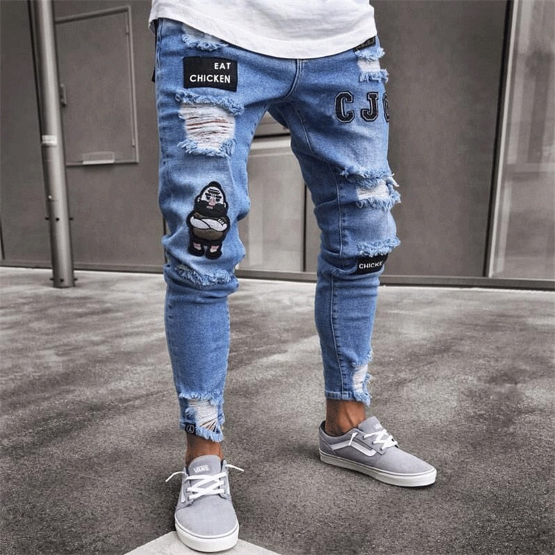 Men Stretchy Ripped Skinny Biker Embroidery Cartoon Print Jeans Destroyed Hole Slim Fit Denim High Quality Hip Hop Black Jeans