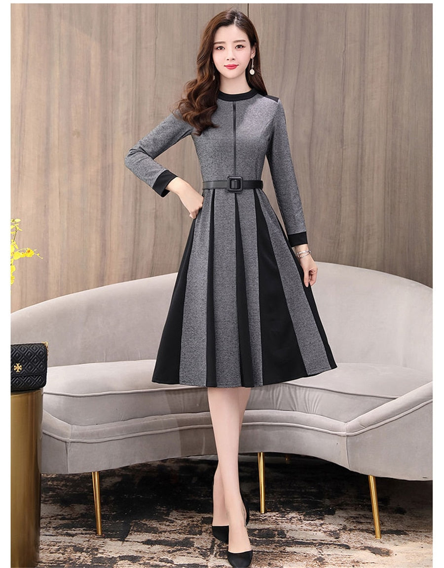 Casual Little Plaid Spliced Hem Pleated A-Line Dresses Women Fall Vintage Belted Long Sleeve Dress Elegant Knee-Length Vestidos