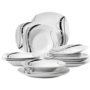 VEWEET FIONA 18-Piece Porcelain Ceramic Black Line Kitchen Tableware Dishes Plate Set with Dinner Plate,Dessert Plate,Soup Plate