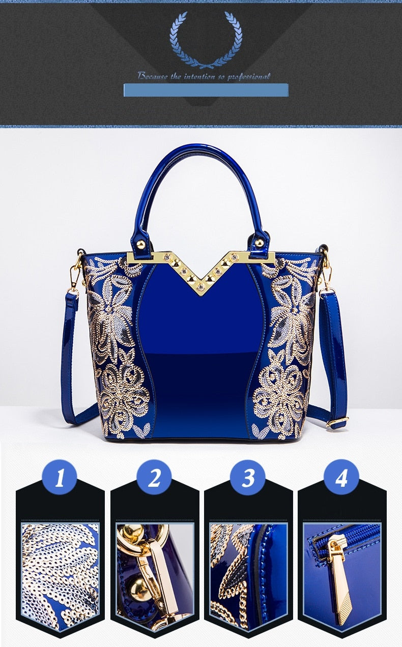 AMELISH Luxury Bag for Women 2022 High Quality Patent Leather Flower Embroidery Diamond Tote Handbag Fashion Female Shoulder Bag