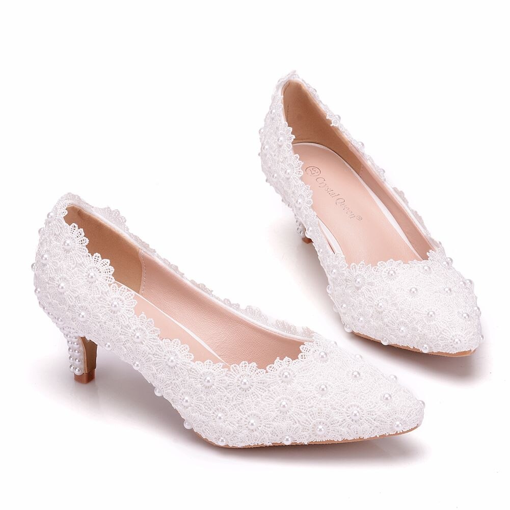 Crystal Queen White Lace Wedding Shoes 5CM Thick kitten Heel Shoes White Lace Pumps Princess Party Birthday Heels