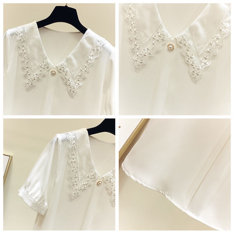 Women Spring Summer Style Chiffon Blouses Shirts Lady Casual Short Sleeve Peter Pan Collar Chiffon Blusas Tops ZZ0792