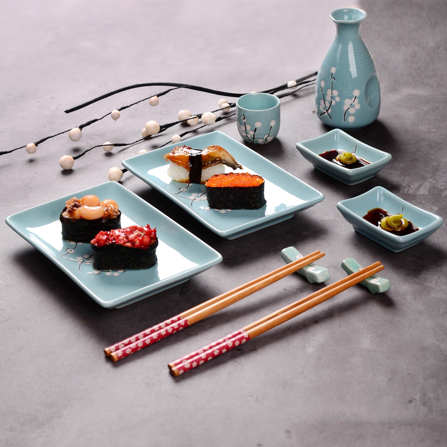 Panbado Japanese Style Blue Porcelain Sushi Plate Set with 2XSushi Plates,Dip Dishes,Stick Stands,Bamboo Chopsticks Gift Package