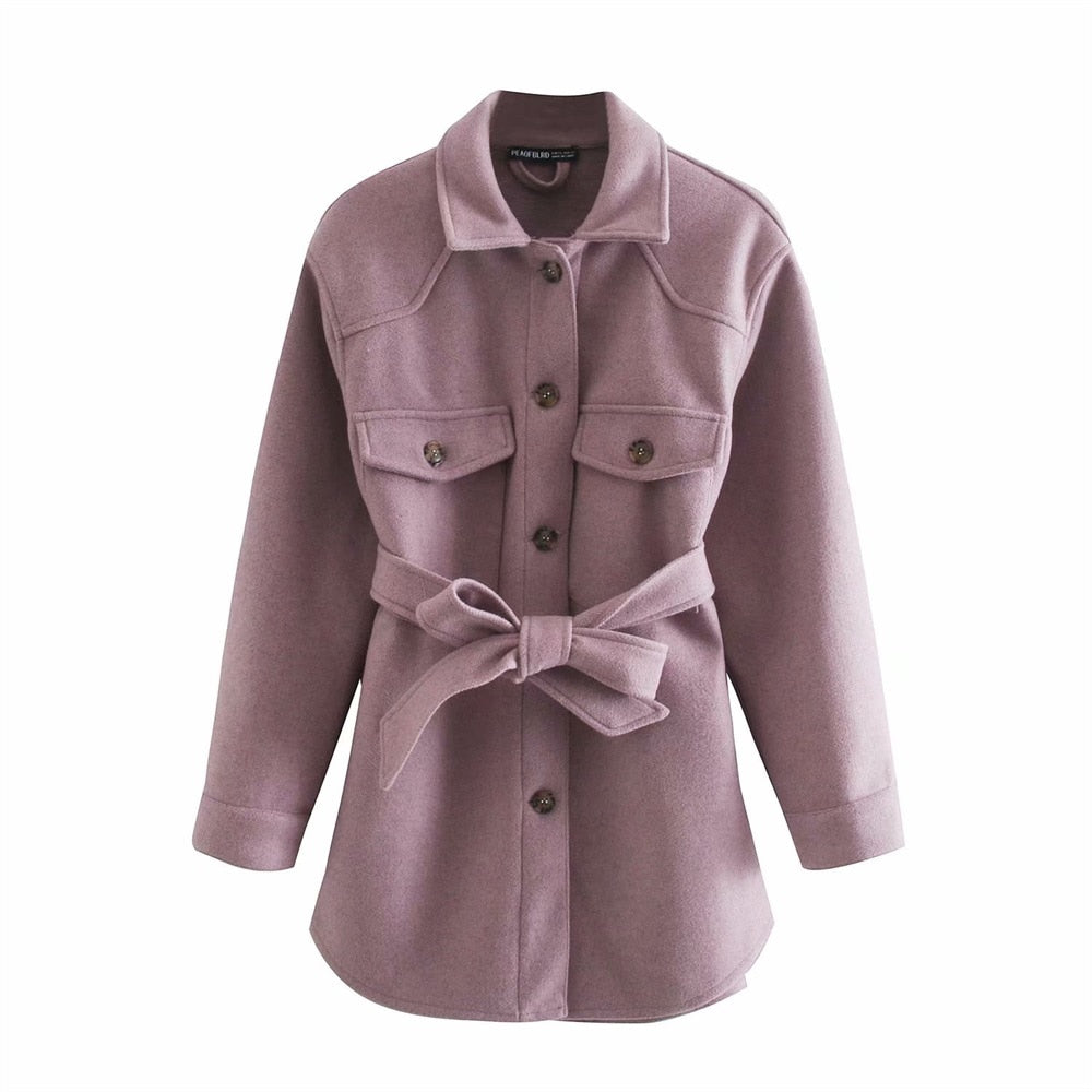 2020 Autumn women long-sleeved lapel pocket, buttoned, loose waist and loose casual woolen shirt jacket