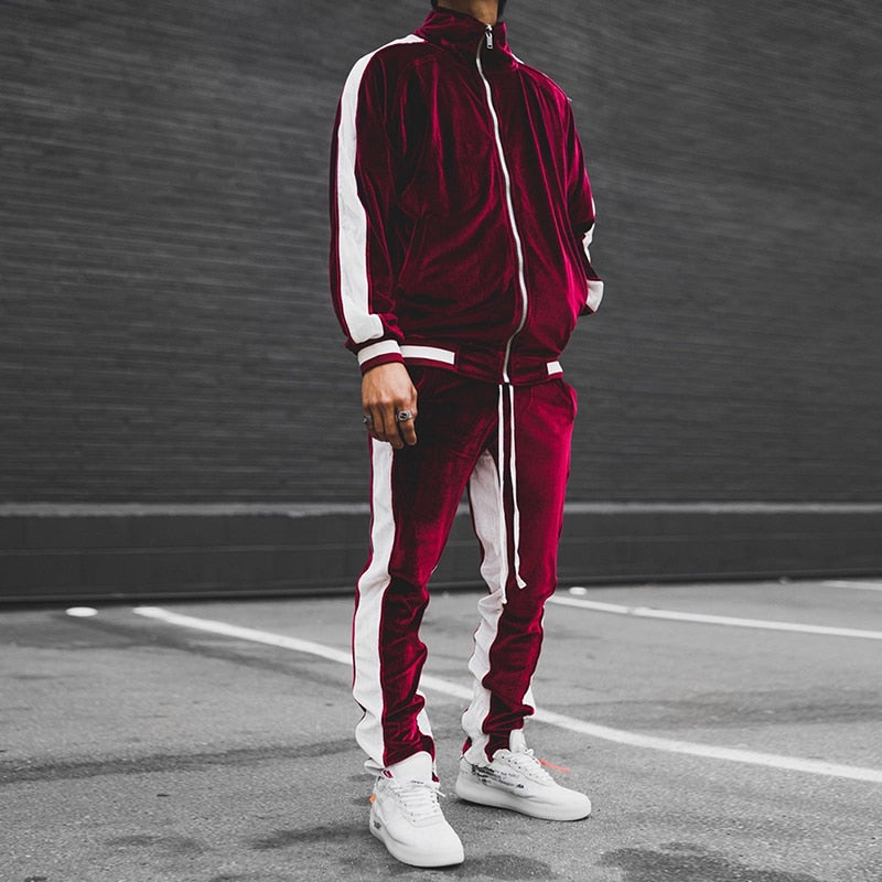 2 Piece Set Tracksuit Men Spring Autumn Striped Jackets Sweatshirts + Pocket Pants Casual Gold Velvet Suit Sport Jogging Set