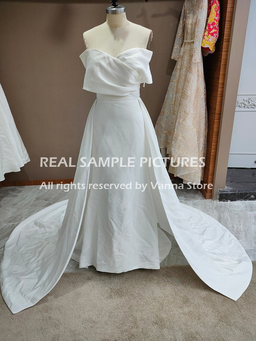 Off Shoulder V Neck Satin Mermaid Wedding Dress Simple DetachableTrain Elegant Backless Bridal Gown Plus Size Vestido De Noiva