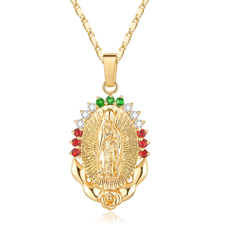 CWEEL Virgin Mary Necklace Gold Color Bijoux Imitation Crystal Statement Necklace Women Fashion Pendant Catholic Jewelry