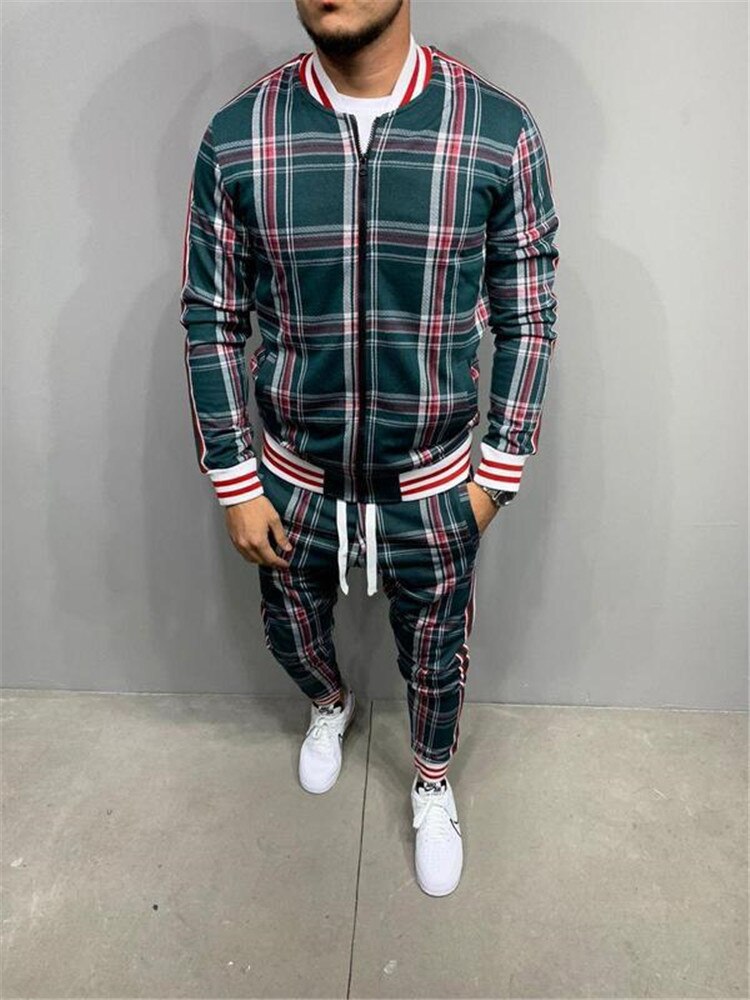 2021 New gyms Men's Sets 2 Pieces Sets Tracksuit Men's Jackets+Pants suit Sportwear Gentlemen Plaid Mens Sports Suit men Clothes