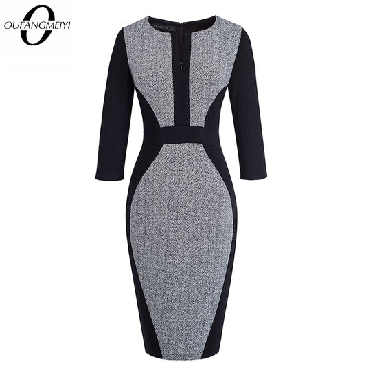 Women Casual Patchwork Front Zipper Three Quarter Vintage Autumn Work Business Bodycon Sheath Office Lady Dress