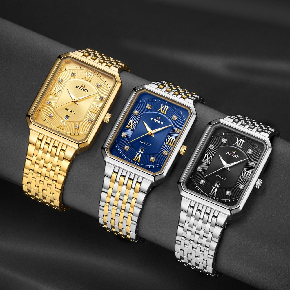 Luxury Golden Watches Men Top Brand Designer Quartz Wristwatches Creative Rectangle Diamond Watch Waterproof Relogio Masculino