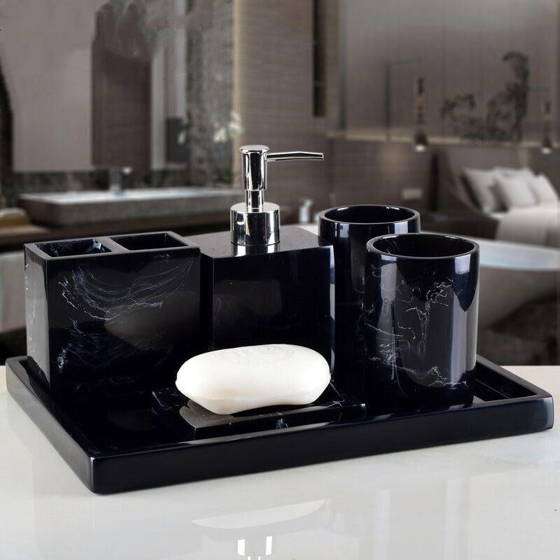 Luxury Resin Bathroom Accessories Set Tray 5pcs Set Nordic White Marble Texture Resin Bathroom Kit Soap Dispenser Storage Tray