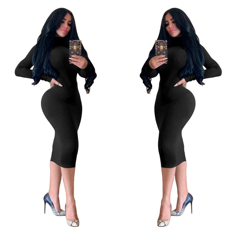 Winter Black Turtleneck Sexy Women Dress Autumn Long Sleeve Skinny Midi Boydcon Casual Blue Plush Knee-Length Party Club