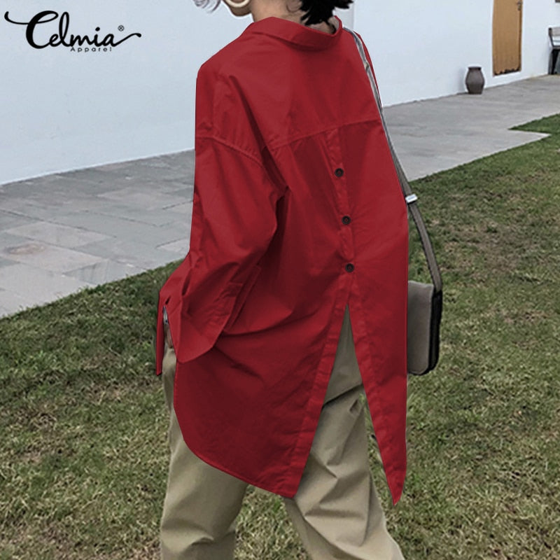 Celmia Women White Shirt 2021 Oversized Shirts Fashion Lapel Casual Solid Long Sleeve Buttons Asymmetrical Top Autumn Blusas 5XL