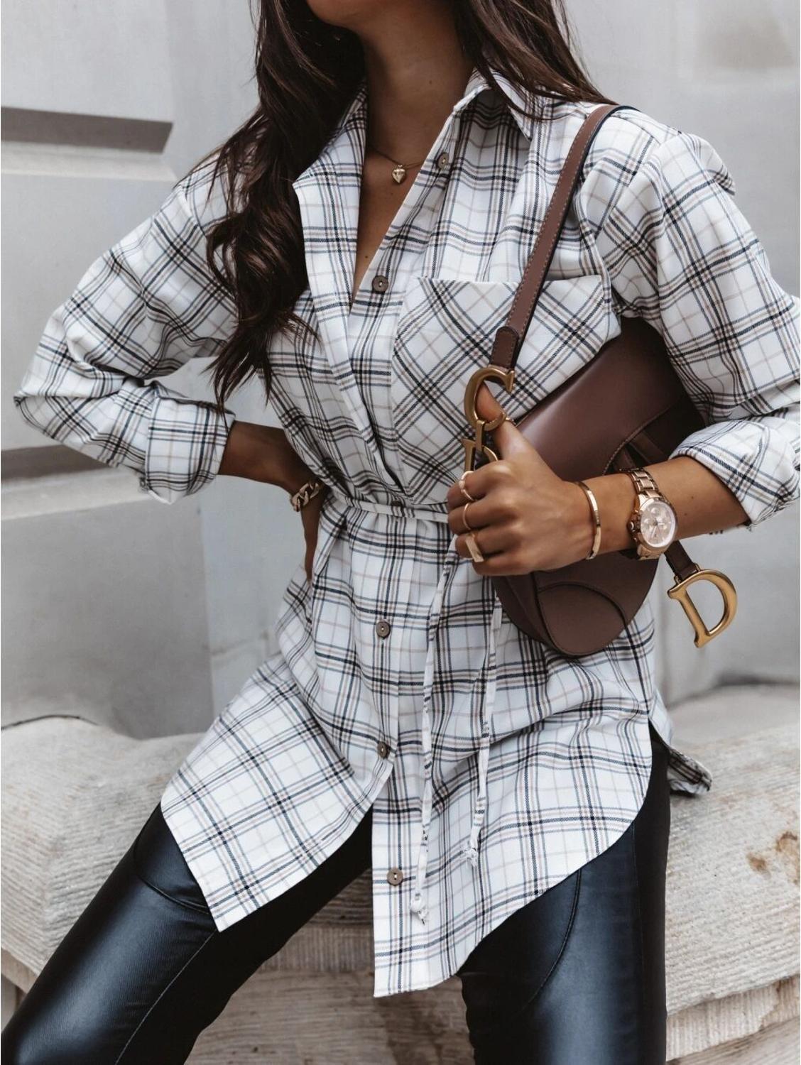 Prowow Women Long Plaid Blouse Spring Autumn Casual Long Sleeve Female Shirts Single Breasted Turndown Collar Plus Size Tops