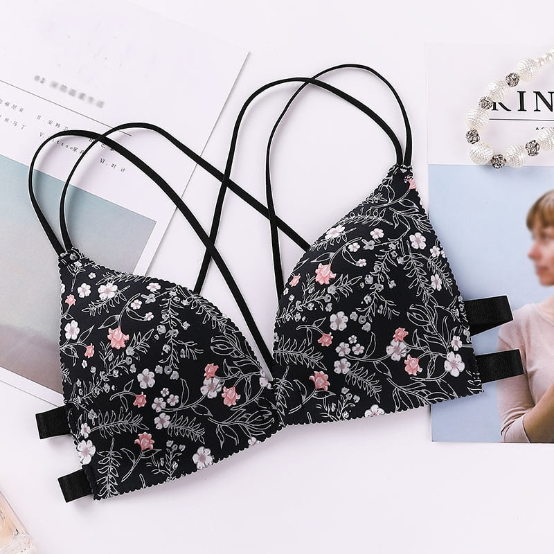 Fashion Floral Print Bra Front Buckle Underwear Seamless Cross Back Women Push Up Bras