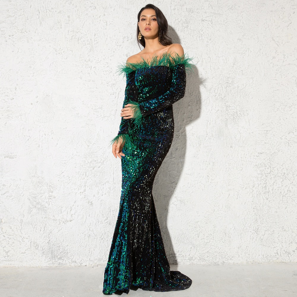 Burgundy Shiny Sequin Feather Velvet Party Dress Long Sleeve Bodycon Stretchy Slash Neck Floor Length Mermaid Dress Black Green