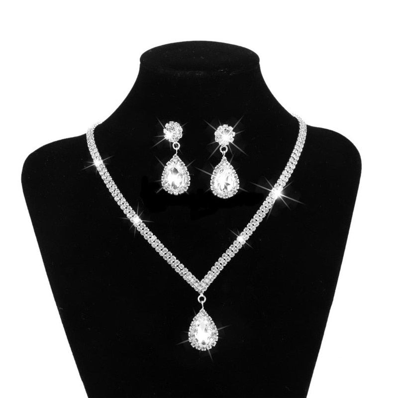 Water Drop Rhinestone Long Pendant Full Crystal Silver Plated Necklace & Earrings Elegant Bridal Wedding Jewelry Set