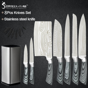 Sowoll 8pcs Kitchen Knives Tool Set 8'' Knife Storage Chef Chopping Santoku Knife Meat Fish Cooking Tool Set Full Tang Blade