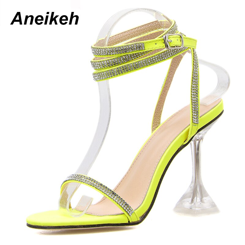 Aneikeh Glitter Rhinestone Pumps Rome Sandals Women Shoes Peep Toe Perspex Heel Stilettos High Heels Sandals Summer Party Shoes