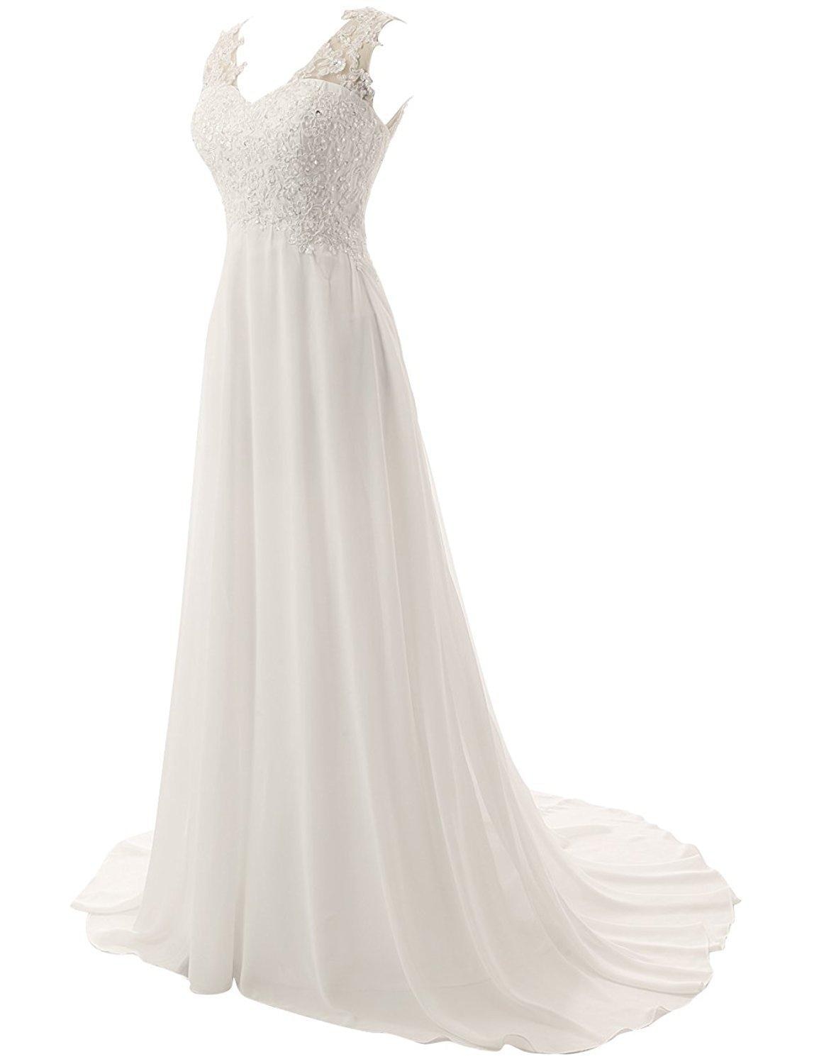 Beach Wedding Dresses White/Lvory Chiffon Lace Appliques Bridal Gown Backless Vestido De Noiva