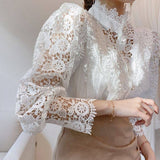 Vintage Solid White Lace Blouse Shirts Women New Korean Button Loose Shirt Tops Female Hollow Casual Ladies Blouses Blusas 12928