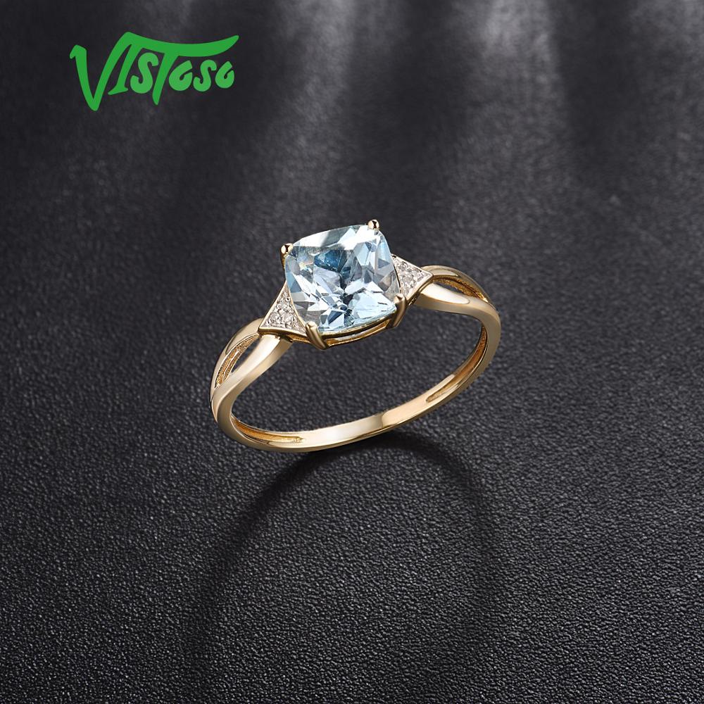 VISTOSO Pure14K 585 Yellow Gold Ring For Women Sparkling Diamond Limpid Blue Topaz Anniversary Classic Fine Jewelry