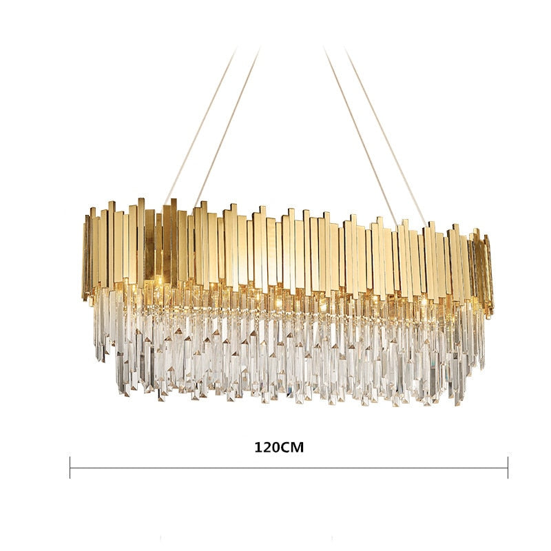 Luxury Plated Gold Metal Led Pendant Lights E14 Lustre K9 Crystal Luminarias Dining Room Straight Pendant Lamp Lighting Fixtures