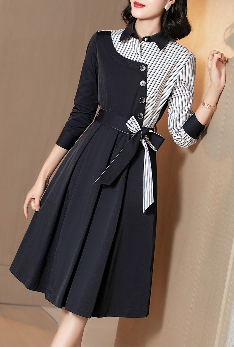 Office ladies OL work striped shirt dress women spring autumn long sleeve button tunic dress female irregular midi dress belt