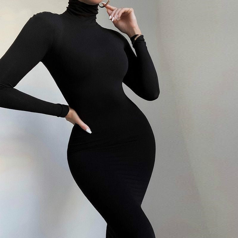 Turtleneck Long Dress Autumn Winter Muslim Elegant Office Lady Skinny Long Sleeve Bodycon Casual Dress Women Midi Clubwear