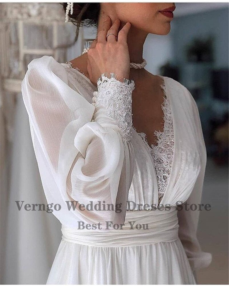 Verngo Vintage Lace Puff Long Sleeves Wedding Dresses Chiffon A Line V Neck Bride Gowns Floor Length Elegant Bridal Dress