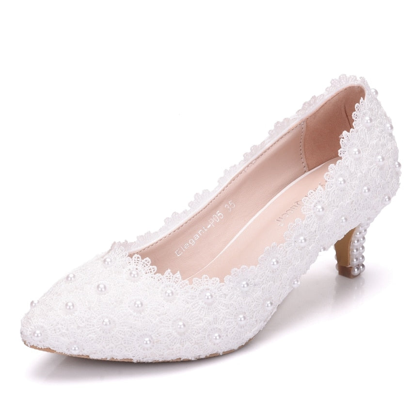 Crystal Queen White Lace Wedding Shoes 5CM Thick kitten Heel Shoes White Lace Pumps Princess Party Birthday Heels