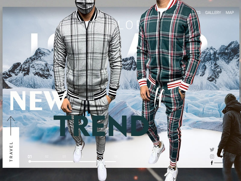 2021 New gyms Men's Sets 2 Pieces Sets Tracksuit Men's Jackets+Pants suit Sportwear Gentlemen Plaid Mens Sports Suit men Clothes